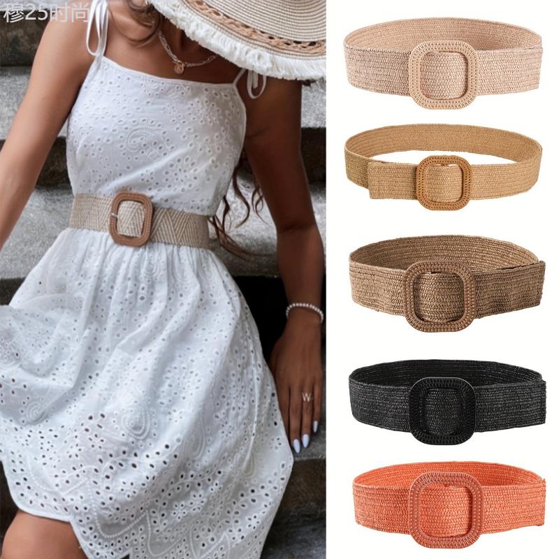 Bohemian Chic Straw Woven Belt - Elastic Stretch Waist Cincher for Women - Fashionable Braided Dress Accessory - Adjustable Boho Style