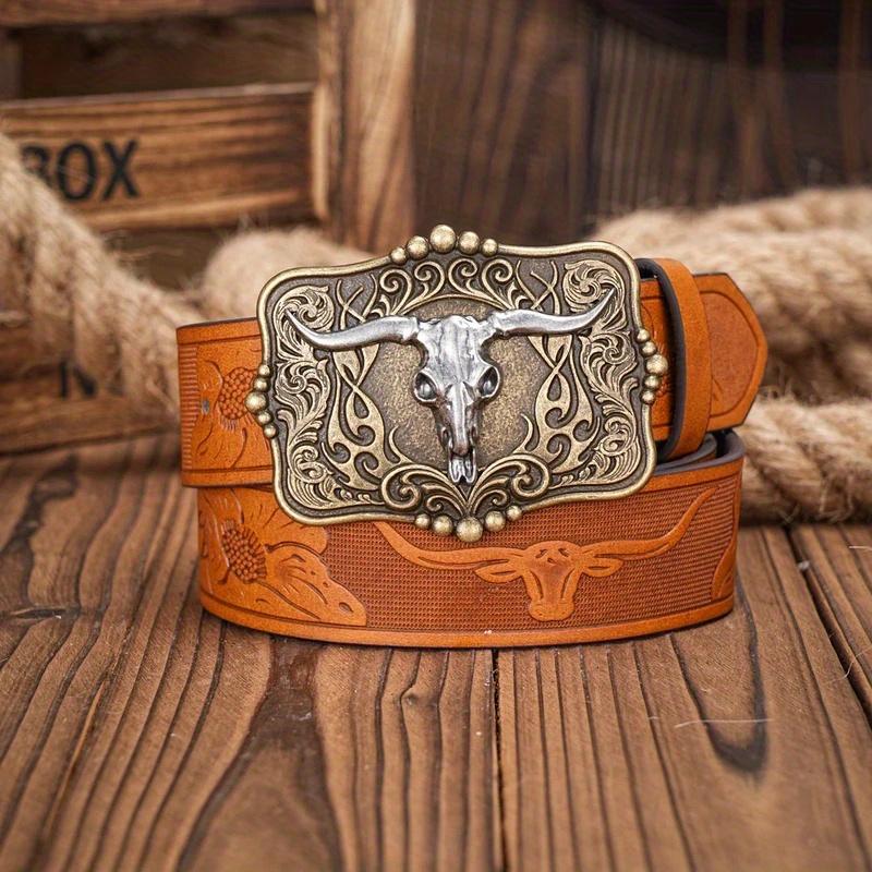 Men & Women-Western-Cowboy-PU Leather-Belts - Vintage horse Belt Floral Engraved Buckle Belt for Jeans