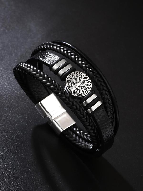 Men's Punk Style Tree of Life Design Pu Leather Braided Bangle,  Fashionable Multilayer Bangle for Daily Decoration, Minimalist Aesthetic Jewelry