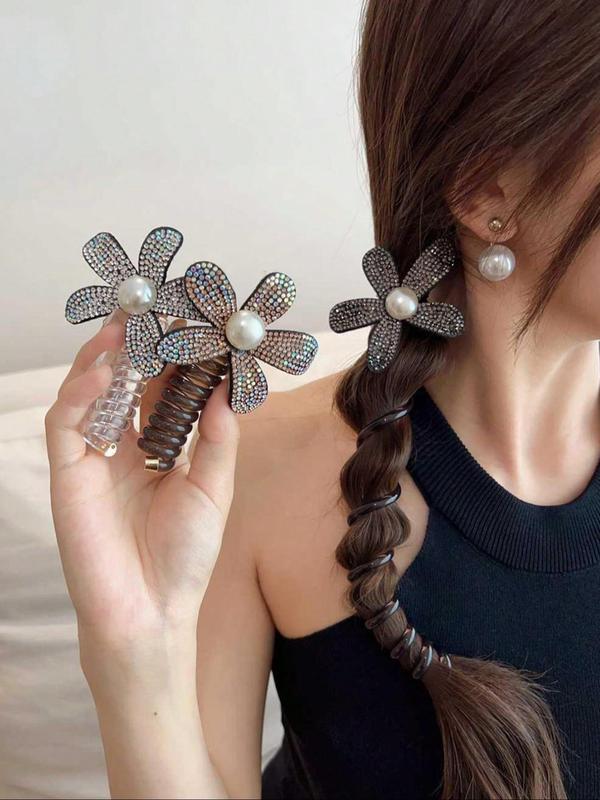 Faux Pearl & Rhinestone Decorated Hair Tie, Elegant Flower Design Hair Tie for Women & Girls, Fashion Hair Accessories for Daily Wear