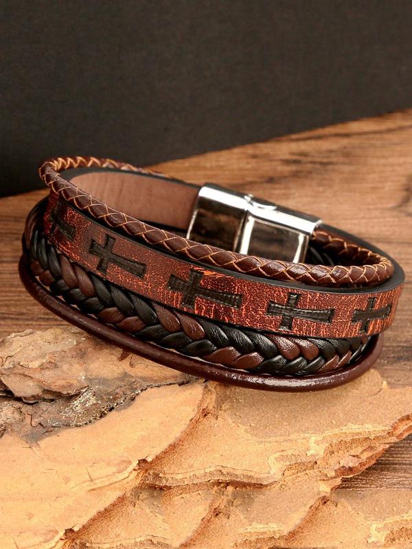 Vintage Cross Design Braided Leather Bracelet, Street Style Trendy Party Jewelry Accessories, Daily Streetwear Hip Hop Punk Goth Accessory for Musical Festival, Fall Outfits, Earthtone Fall Freshness