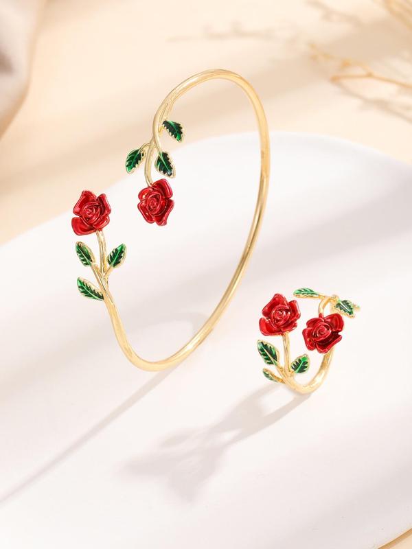 Flower Decorated Drop Oil Jewelry Set, Including Ring & Cuff Bracelet, Fashion Accessories for Women