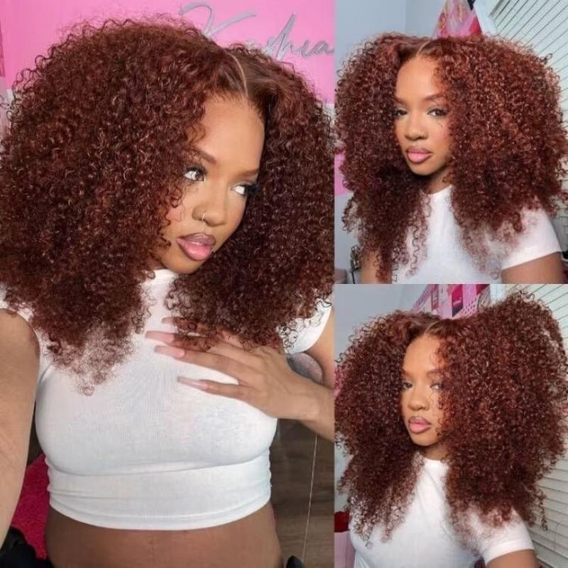 ISEE Wear Go Kinky Curly Reddish Brown Color Human Hair Glueless 6*4 Lace Closure Wig