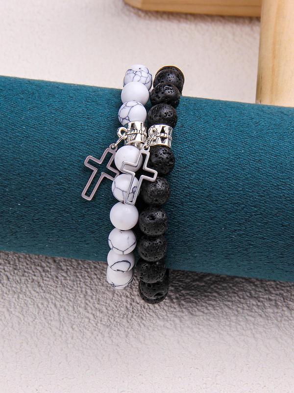 Fashion Stone Beaded Bracelet, Casual Cross Pendant Bracelet for Women & Men, Trendy All-match & Exquisite Jewelry for Birthday Gift