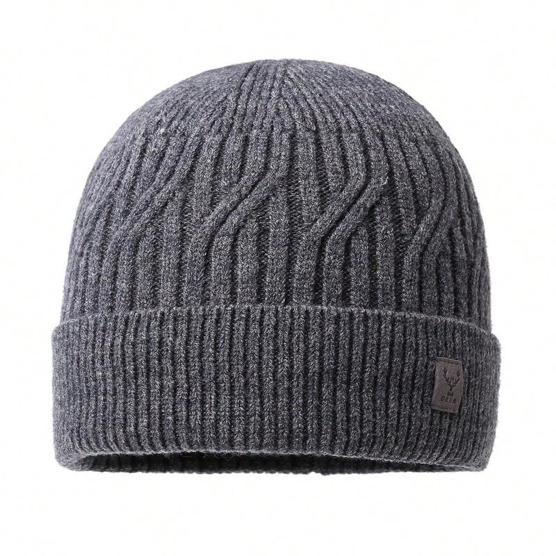 1pc Men's Plain Label Knitted Thickened Warm Beanie Hat, Windproof Casual Street Style Outdoor Sports Hat For Autumn Winter