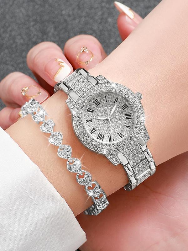 Women's Quartz Watch & Heart Decor Bracelet Set Gift for Gift, Sparkly Luxury New Trendy Rhinestone Decorated Round Dial Wristwatch Set for Women's Gift, without Box, Fall Outfits, Fall Freshness