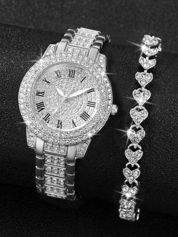 Women's Quartz Watch & Heart Decor Bracelet Set Gift for Gift, Sparkly Luxury New Trendy Rhinestone Decorated Round Dial Wristwatch Set for Women's Gift, without Box, Fall Outfits, Fall Freshness