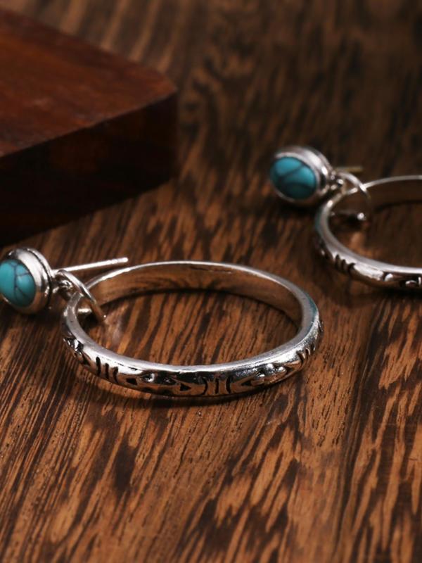 1 Pair Vintage Round Dangle Earrings with Turquoise Texture, Matching Bohemian Earrings Jewelry for Party, Daily Clothing Decor for Girl