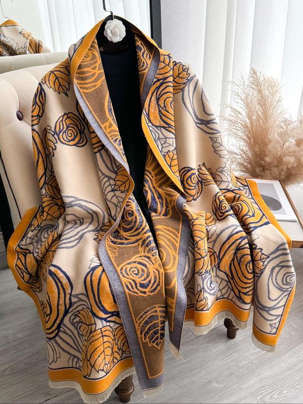 Floral Pattern Fringe Design Shawl, Casual Soft Warm Double Sided Scarf for Fall & Winter, Fashion Accessories for Women & Men