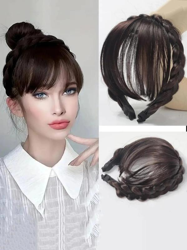 6 Inch Straight Synthetic Fake Bangs, Natural Fluffy Braided Headband, Dark Brown Bangs Wig for Women, Daily Used