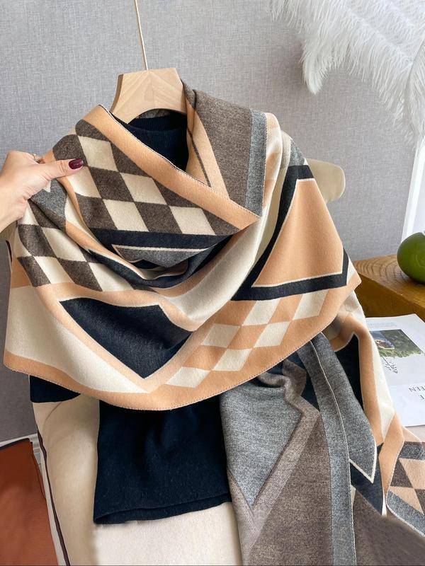 Women's Colorblock Geometric Pattern Tassel Decor Shawl, Casual Warm Double Sided Long Scarf for Fall & Winter, Fashion Accessories for Daily Wear