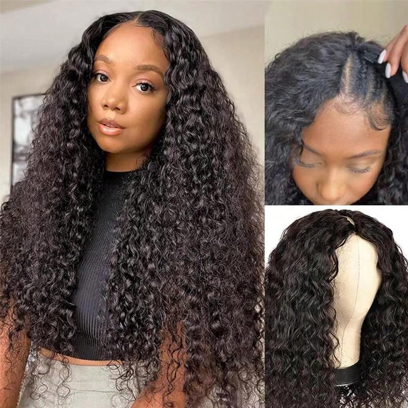 Curly V Part Wig Human Hair No Leave Out Upgrade U Part Human Hair Wigs For Black Women Kinky Curly Glueless None Lace Front Wigs With Real Scalp Brazilian Virgin V Shape No Sew In No Glue Clip In Half Human Hair Wig Beginner Friendly Natural Color