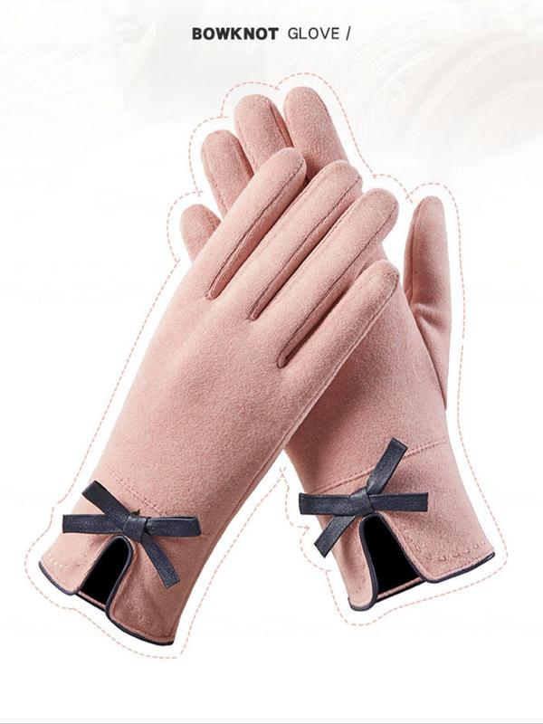 Women's Solid Color Bow Decor Touch Screen Gloves, Casual Trendy Warm Gloves for Fall & Winter, Fashion Accessories for Women & Girls