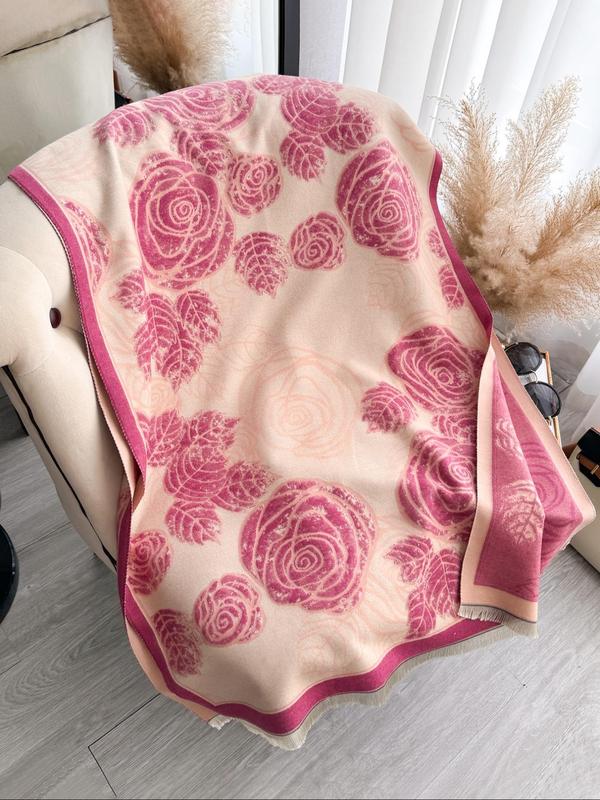 Floral Pattern Fringe Design Shawl, Casual Soft Warm Double Sided Scarf for Fall & Winter, Fashion Accessories for Women & Men