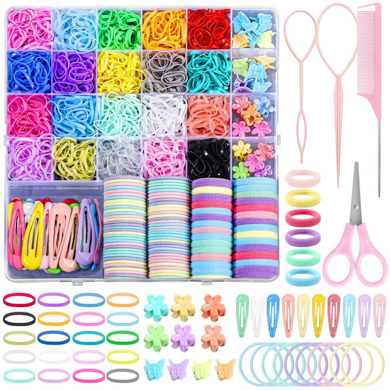 Hair Accessories for Girl, 1543 Pcs Elastic Hair Rubber Bands Set 20 Colors Elastic Hair Ties with Organizer Box Cotton Hair Ties, Hair Tail Tools, Rat Tail Comb, Butterfly Hair Clips