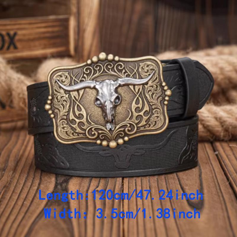 Men & Women-Western-Cowboy-PU Leather-Belts - Vintage horse Belt Floral Engraved Buckle Belt for Jeans