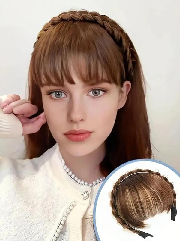 6 Inch Straight Synthetic Fake Bangs, Natural Fluffy Braided Headband, Dark Brown Bangs Wig for Women, Daily Used