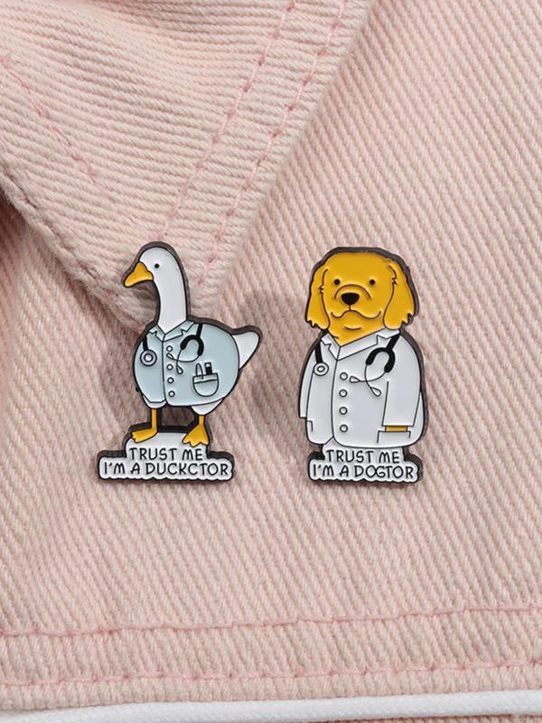 Cute Cartoon Duck & Dog Doctor Design Brooch (2pcs), Fashion Brooch for Party, Daily Clothing Decor, Enamel Pin for Men & Women