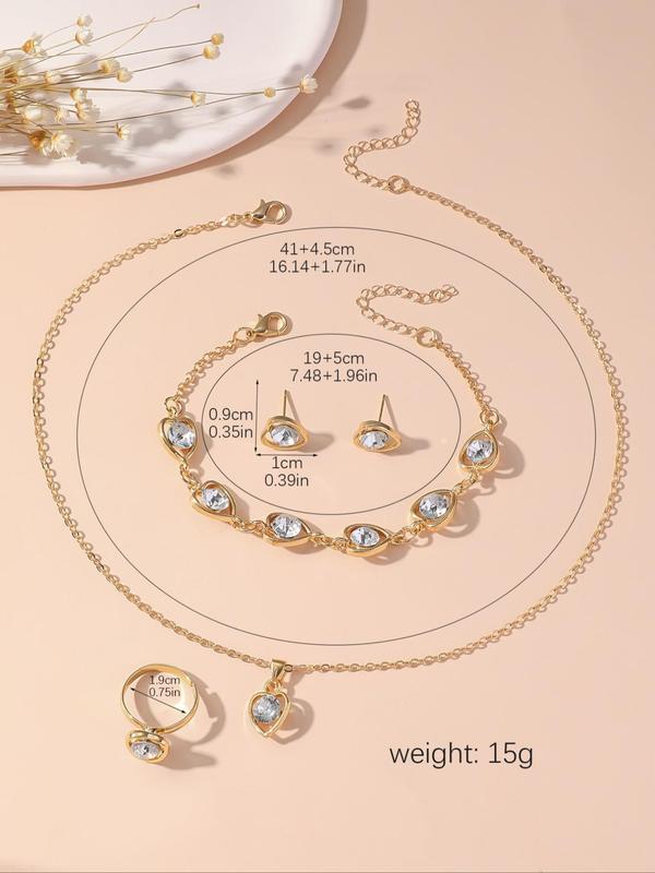 Women's Elegant Heart Jewelry Set, Rhinestone Necklaces & Bracelets & Earrings & Rings, Fashion Jewelry Set for Party & Daily Decor, Perfect for Gift