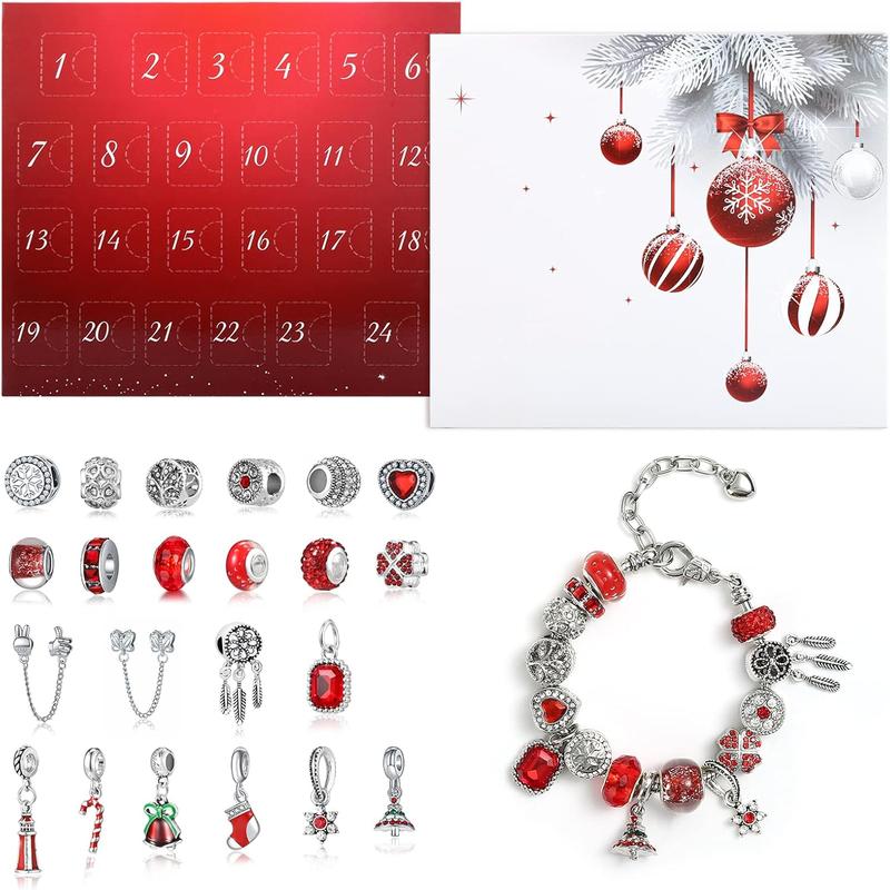 Naler Christmas Jewelry Advent Calendar 2024 Christmas Countdown Calendar Jewelry Charms Making Kit for Women - Includes 22 Charms, 1 Necklace, 1 Bracelet, Silver Red