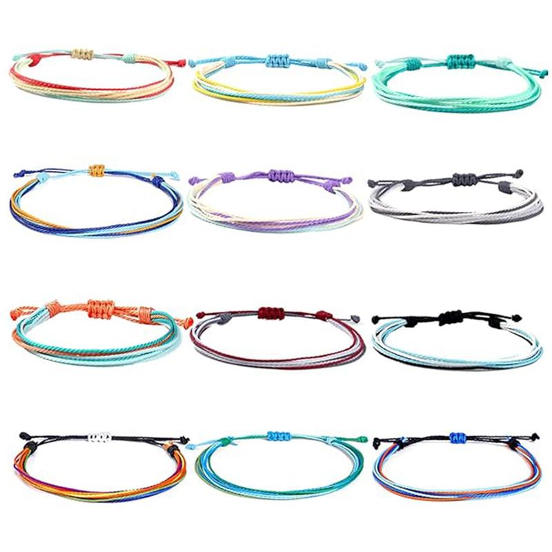 Random Color Adjustable Handmade Braided Rope Beaded Anklet, 12pcs set Boho Style Ankle Bracelet, Summer Beach Surfers Wave Bracelet