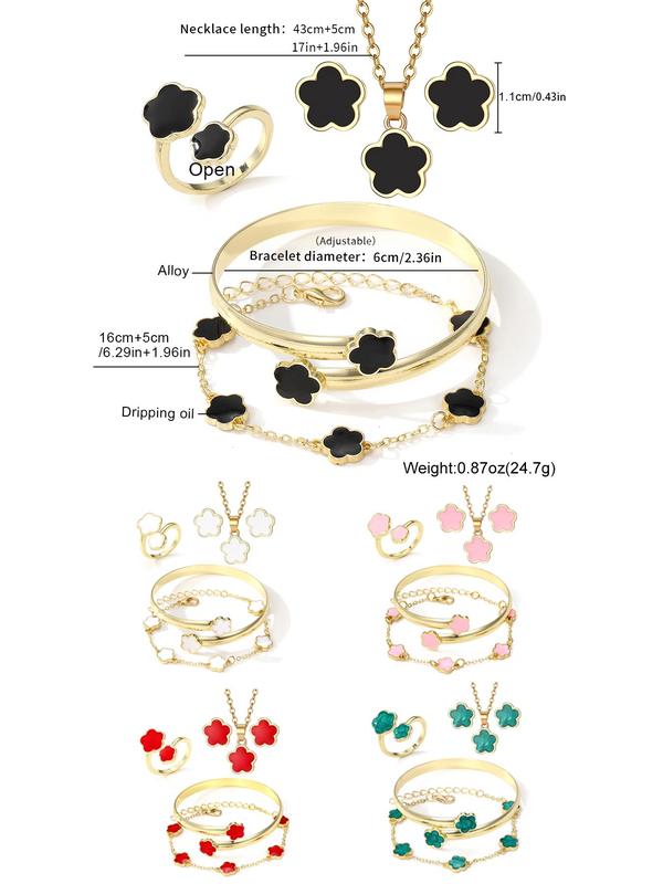 Flower Design Jewelry Set, Elegant Necklace & Ring & Bracelet & Earrings & Bangle Bracelet, Fashion Jewelry for Party, Daily Decor, Trendy All-match & Exquisite Jewelry for Birthday Gift