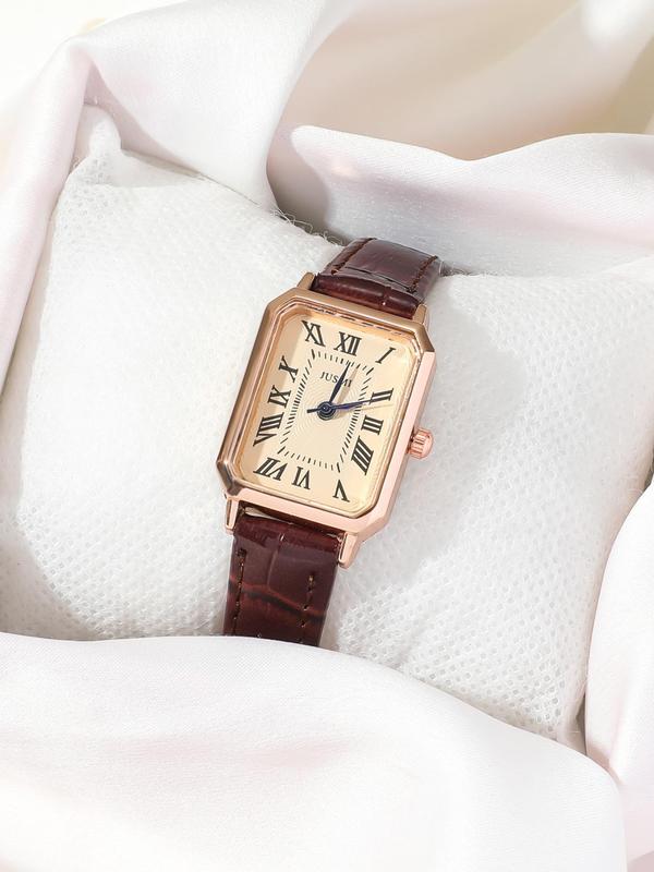 Women's Vintage Rectangle Dial Quartz Watch, Fashionable Watch for Women & Girls, Trendy All-match & Exquisite Watch for Birthday Gift