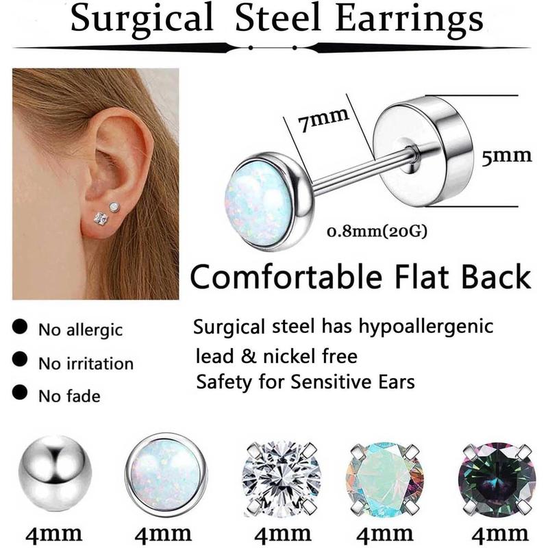 Jstyle 8 Pairs Surgical Steel Earrings for Sensitive Ears Hypoallergenic 20G Stainless Steel Stud Hoop Earrings for Women Men Small Opal Ball CZ Surgical Steel Flat Back Earrings Cartilage Earrings Jewelry