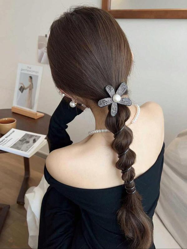 Faux Pearl & Rhinestone Decorated Hair Tie, Elegant Flower Design Hair Tie for Women & Girls, Fashion Hair Accessories for Daily Wear