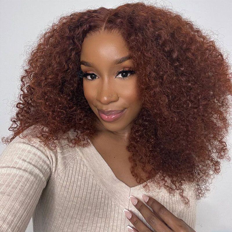 ISEE Wear Go Kinky Curly Reddish Brown Color Human Hair Glueless 6*4 Lace Closure Wig