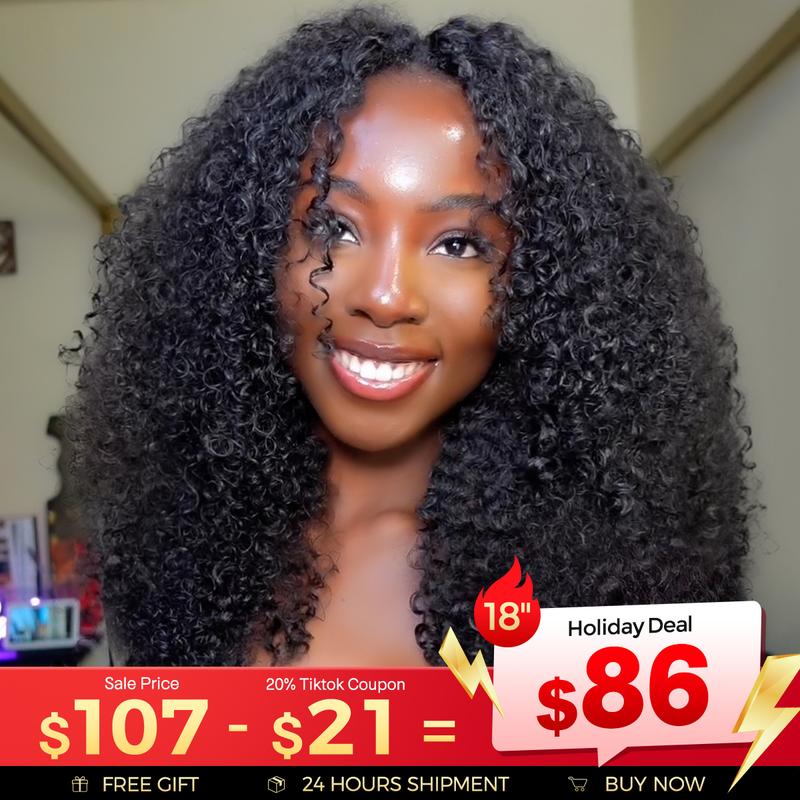 Vshow Kinky Curly Hair V Part Wigs No Leave Out Thin Part Human Hair Wigs For Beginners Kinky Curly Glueless Wigs