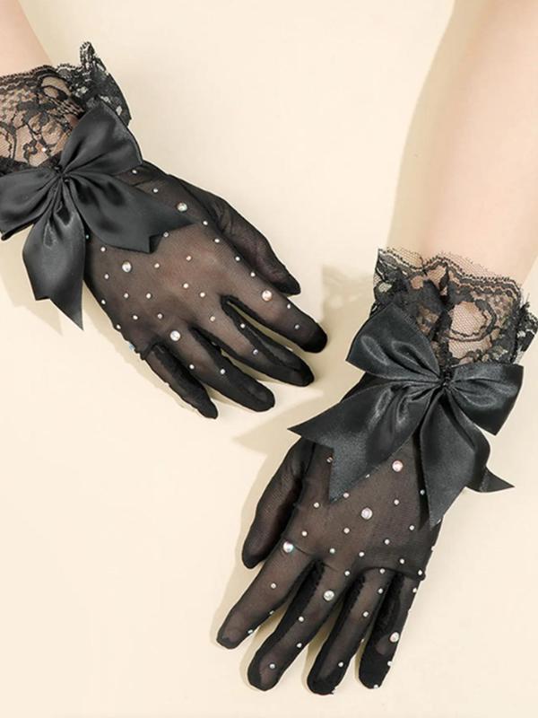 Rhinestone Decor Bow Design Mesh Gloves, Fashionable Lace Gloves for Women & Girls, Elegant All-match Fashion Accessories for Daily Wear