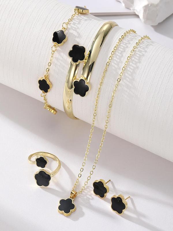 Flower Design Jewelry Set, Elegant Necklace & Ring & Bracelet & Earrings & Bangle Bracelet, Fashion Jewelry for Party, Daily Decor, Trendy All-match & Exquisite Jewelry for Birthday Gift