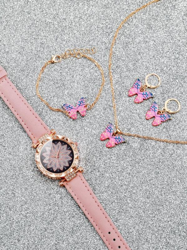 Elegant Watch & Vintage Jewelry Set Gift, 5pcs set Fashion Pu Leather Strap Watch & Butterfly Charm Bracelet & Matching Necklace & Dangle Earrings, Exquisite Y2k Wristwatch Set As Gift without Box