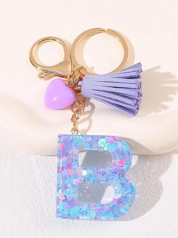 Initials Letter Keychain, Cute Heart Tassel Decor Resin Charm with Key Ring, Fashion Accessories for Women & Girls, Unique Gift Idea for Friends and Family