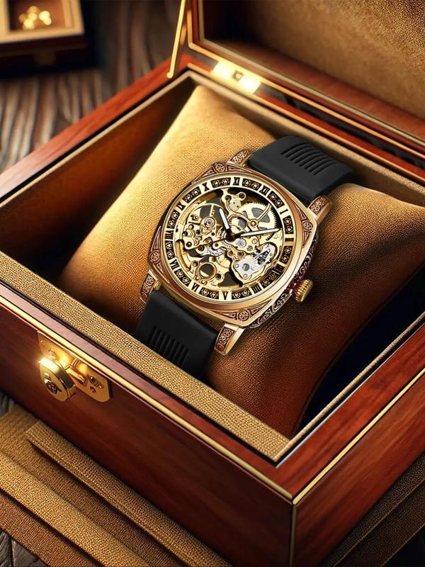 Men's Vintage Business Round Dial Mechanical Watch, 2024 New Style Luminous Wrist Watch for Party, Daily Decor, Watch for Men, Exquisite Watch for Birthday Gifts with Box