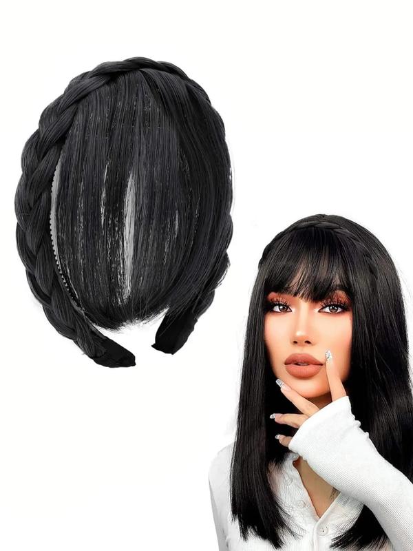 6 Inch Straight Synthetic Fake Bangs, Natural Fluffy Braided Headband, Dark Brown Bangs Wig for Women, Daily Used