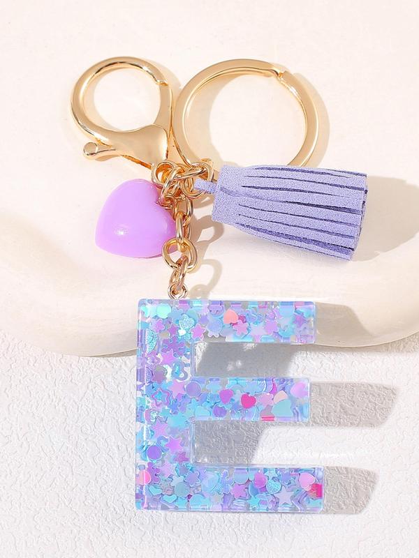 Initials Letter Keychain, Cute Heart Tassel Decor Resin Charm with Key Ring, Fashion Accessories for Women & Girls, Unique Gift Idea for Friends and Family