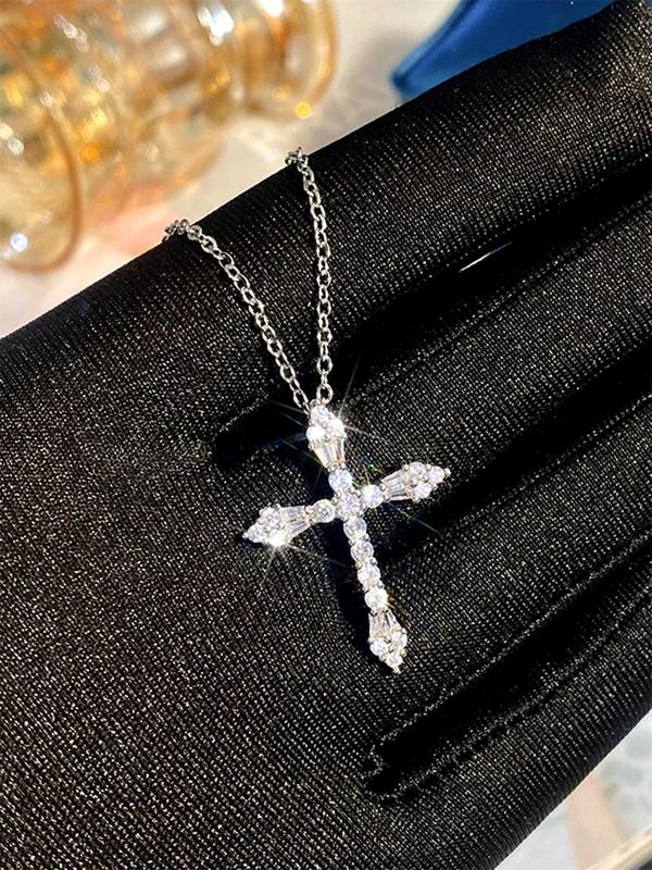 Rhinestone Cross Pendant Necklace for Women, 2024 New Style Jewelry for Party, Daily Clothing Decor, Trendy Cool Female Accessories for Birthday Gift