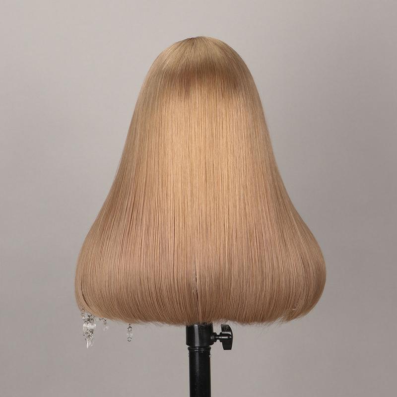 Arabella Ash Blonde Long Bob Wig 6x5 Gluless Put-on-Go Full Lace Closure Human Hair Wig 250% Density Super Silky Straight High Density Double Drawn Milk Tea Color Human Frontal LaceWig