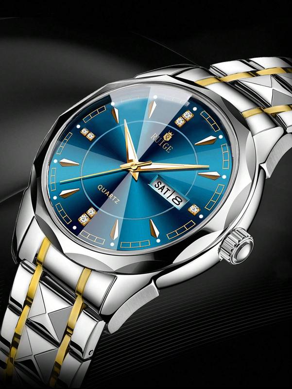 Men's Waterproof Quartz Watch with Night Light & Stainless Steel Strap - Rhinestone-Decorated, Elegant Design