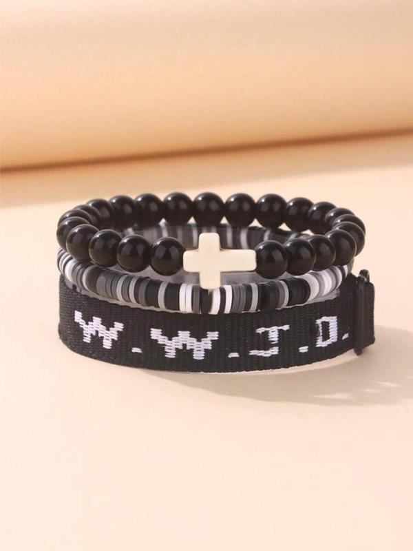 WWJD Beaded Bracelet, Y2k Fashionable Cross Charm Decor Beaded Bracelet for Women & Men, Trendy All-match & Exquisite Jewelry for Birthday Gift