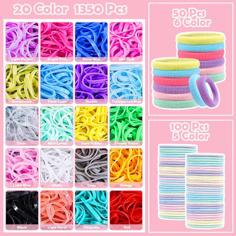 Hair Accessories for Girl, 1543 Pcs Elastic Hair Rubber Bands Set 20 Colors Elastic Hair Ties with Organizer Box Cotton Hair Ties, Hair Tail Tools, Rat Tail Comb, Butterfly Hair Clips