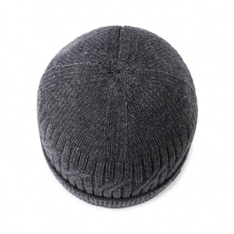 1pc Men's Plain Label Knitted Thickened Warm Beanie Hat, Windproof Casual Street Style Outdoor Sports Hat For Autumn Winter