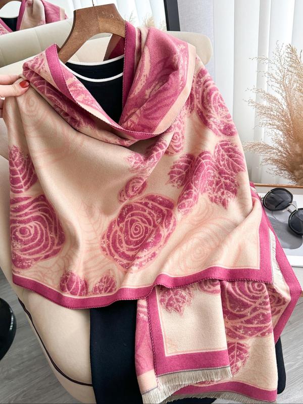 Floral Pattern Fringe Design Shawl, Casual Soft Warm Double Sided Scarf for Fall & Winter, Fashion Accessories for Women & Men