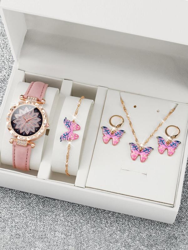 Elegant Watch & Vintage Jewelry Set Gift, 5pcs set Fashion Pu Leather Strap Watch & Butterfly Charm Bracelet & Matching Necklace & Dangle Earrings, Exquisite Y2k Wristwatch Set As Gift without Box