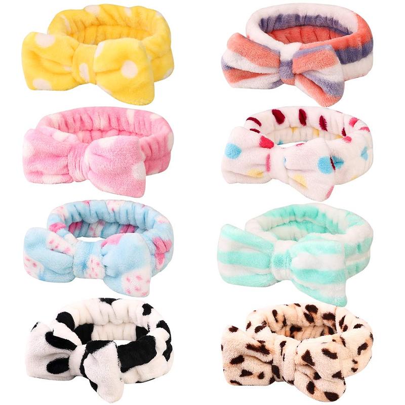 8 Pack  Bow Headbands, Coral Fleece Makeup  Headband for Washing , Shower Terry Cloth Hair Band for Women Facial