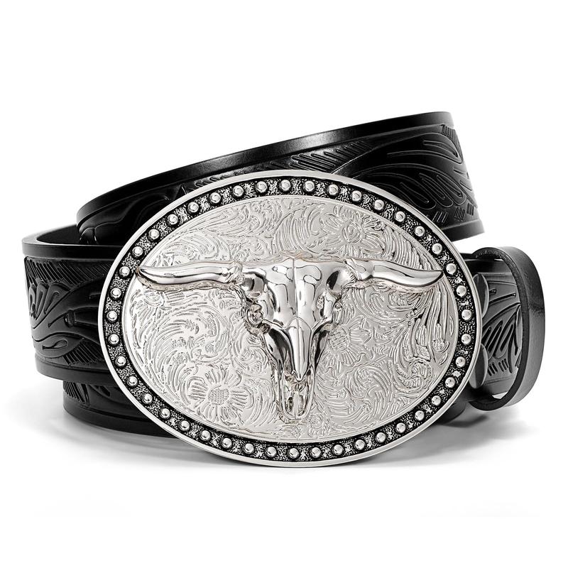 JASGOOD Western Belt Cowboy Belts for Men Women Bull Buckle Belt Embossed Leather Belt for Jeans