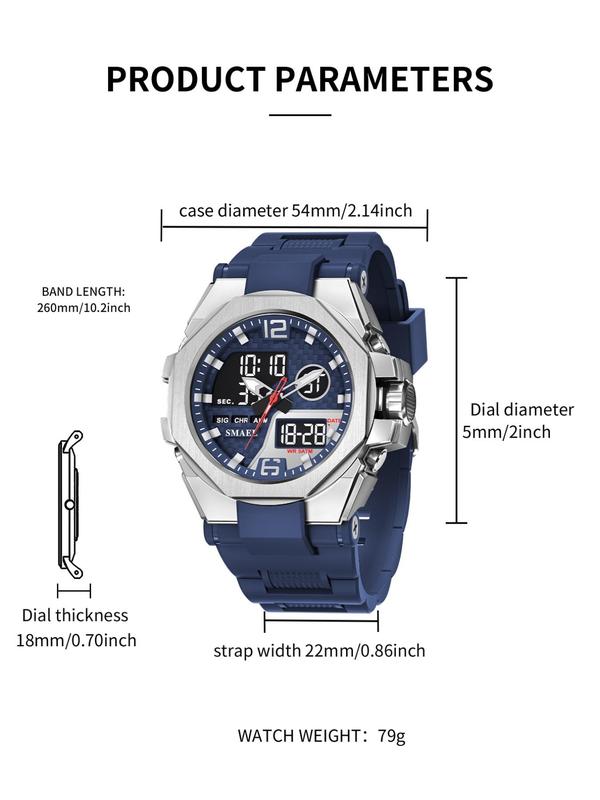 Men's Sportive Digital Analog Quartz Watch, Watch with Luminous Dial & Alarm Function, Waterproof Watch with Digital Display for Men