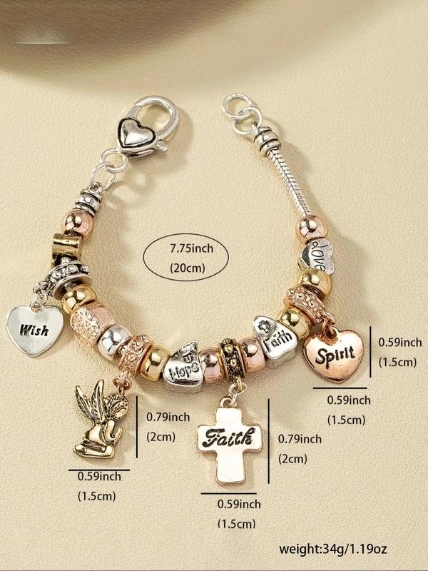 Angel & Cross & Heart Charm Bracelet, Fashion Letter Design Bracelet for Women & Girls, Retro Fashion Jewelry for Party, Daily Clothing Decor, Trendy All-match & Exquisite Jewelry for Birthday Gift